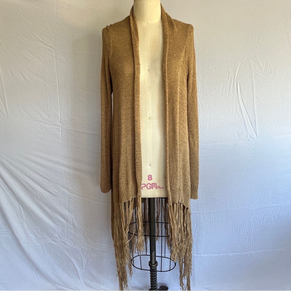 Women's Tan asymmetrical hem knitted Fringe Sweater